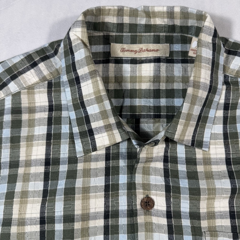 Tommy Bahama Men's M Hawaiian Shirt 100% Silk Green Beige Black Check Button Up‎